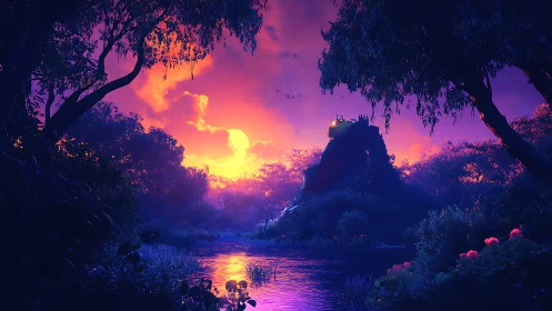 Digital forest river scene shows luminous twilight sky
