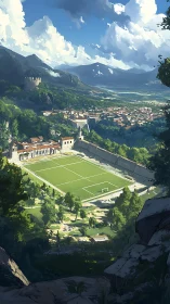 Sunlit mountain valley frames a peaceful hilltop stadium