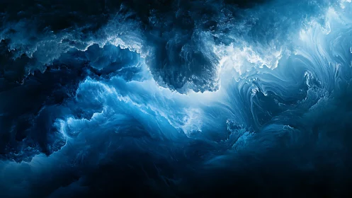 Turbulent cyan fluid vortex with luminous atmospheric cloudfields