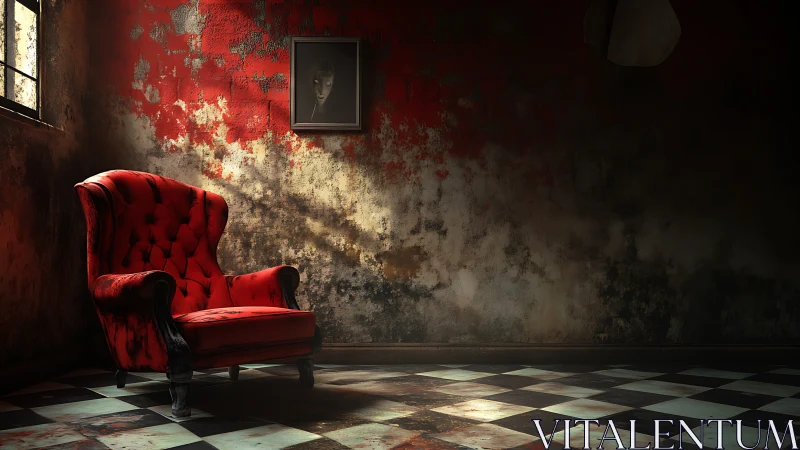 Crimson armchair keeps haunted watch in a peeling corridor