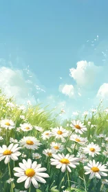 Daisy Meadow Under Turquoise Sky with Floating Clouds.