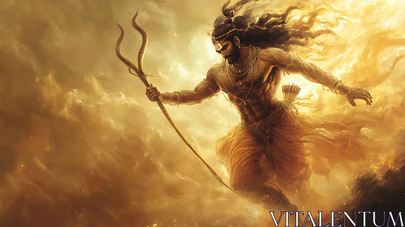 Radiant warrior strides through swirling golden storm clouds