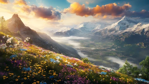 Sunlit alpine meadow overlooking misty valley and peaks.