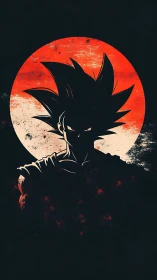 High-contrast anime warrior silhouette against distressed red sun