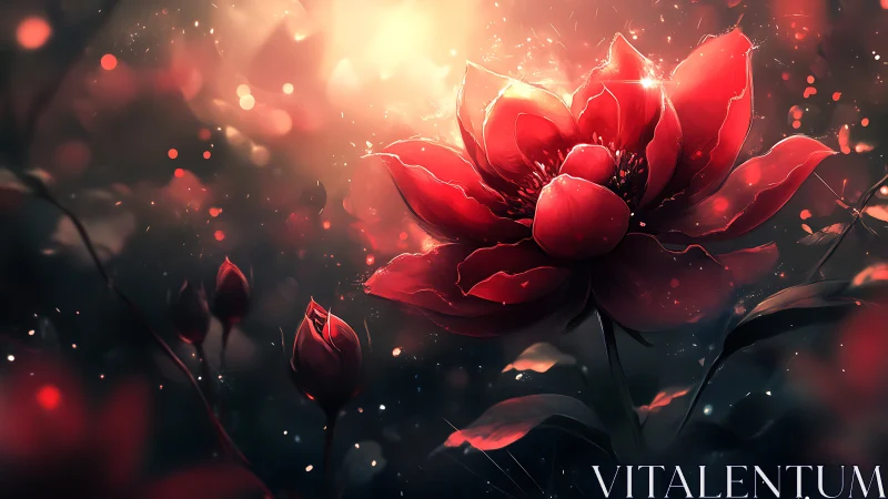 Luminescent Red Flower Blooming Against Fiery Darkness.