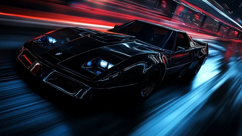 Midnight muscle car slicing through neon-lit rain.