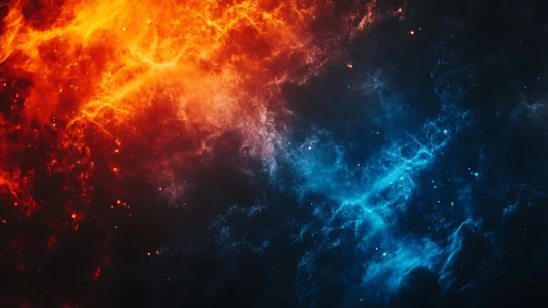 Dual colored nebula field with orange and blue gas clouds.