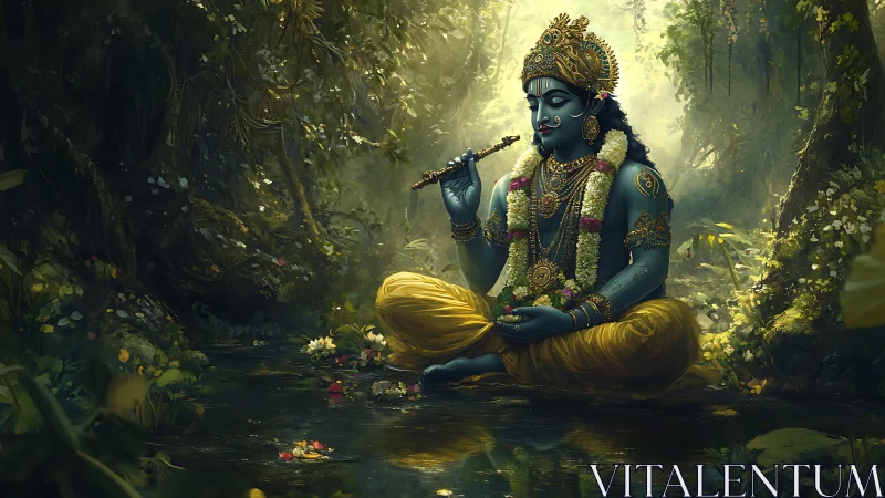 Divine blue deity playing flute beside reflective forest stream