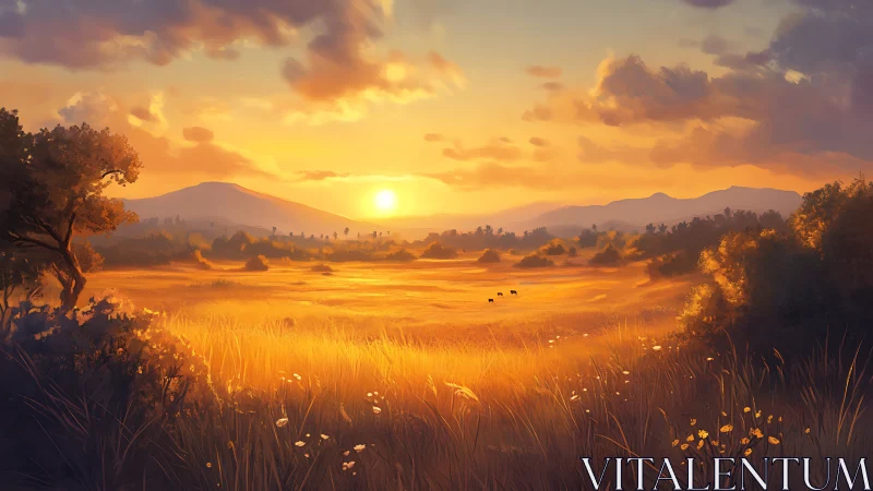 Radiant low-sun illumination across golden valley grassland.