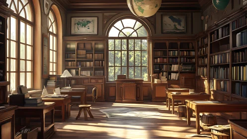Sunlit wooden library interior shows desks, bookshelves, and maps