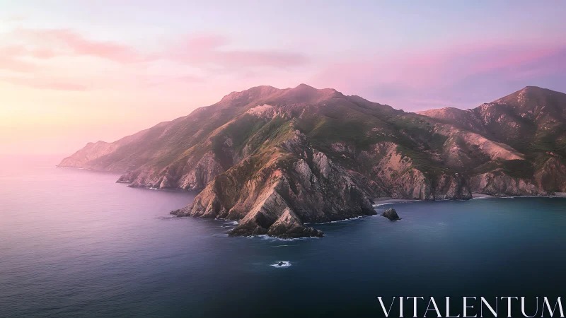 Rose dusk crowns rugged sea cliffs in tranquil embrace.