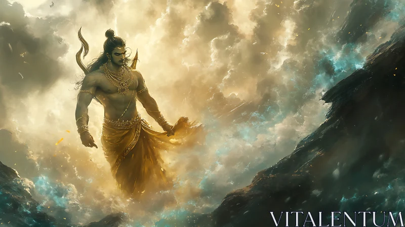 Mythic warrior emerging through volumetric storm clouds.