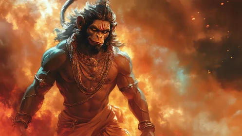 Digital painting of mythic warrior deity in flaming atmosphere.