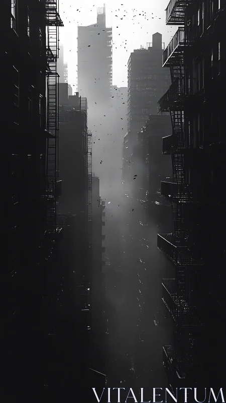 Monochrome high-rise corridor with misted urban depth study.