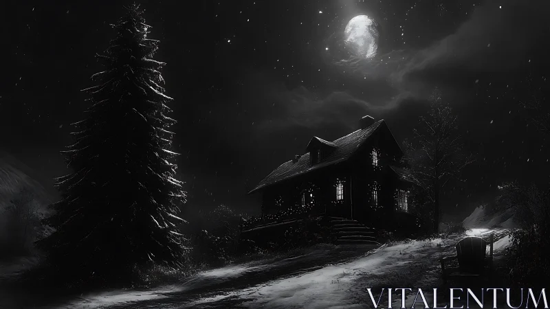Moonlit cabin amid snowfall in dramatic monochrome night.