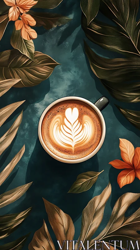 Latte art oasis framed by lush tropical foliage.
