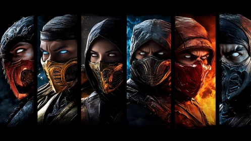 Masked warriors in segmented close-up portrait lineup