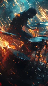Drummer silhouette pounds kit amid cascading fire streaks