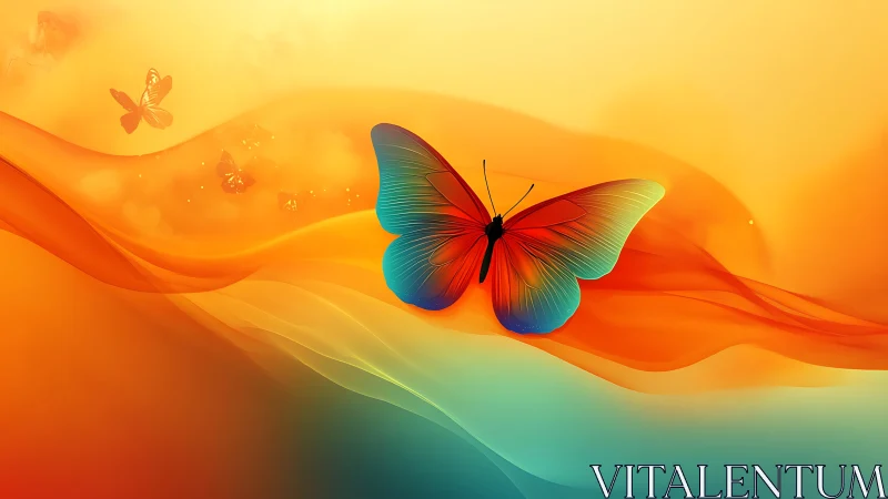 Radiant butterfly gliding through molten sunset waves.