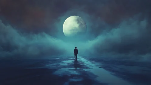 Solitary human figure walks toward large moon over water