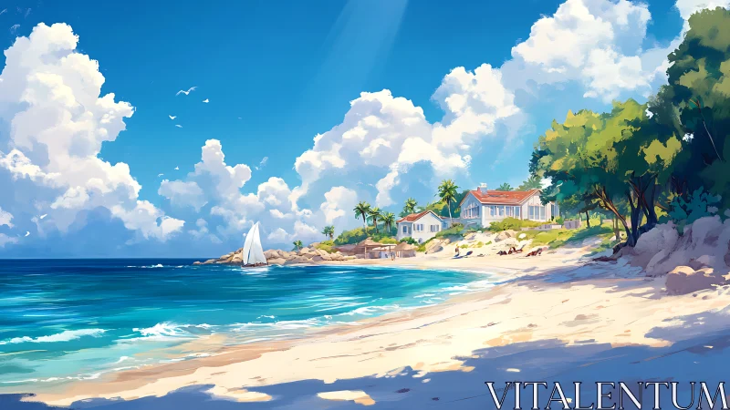 Sunlit seaside villas bask beneath towering cloud kingdoms.