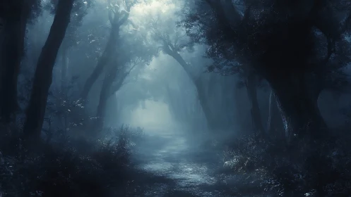 Misty Forest Path With Ethereal Light Breaking Through Ancient Trees