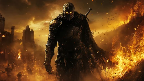 Armored dark knight strides through burning battlefield.