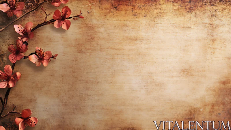 Blush blossoms lean softly into a weathered parchment sky