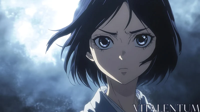 Stoic short haired anime character against misty backdrop.