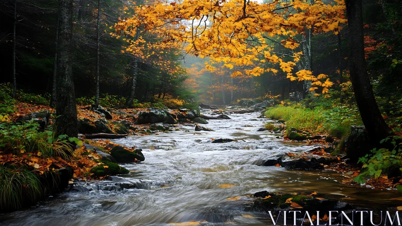 Autumn forest stream with rocks and yellow foliage overhead.