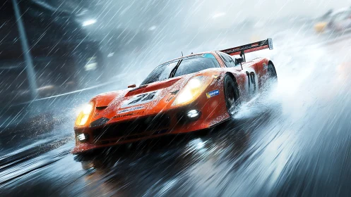 GT endurance race car sliding through heavy rain at speed