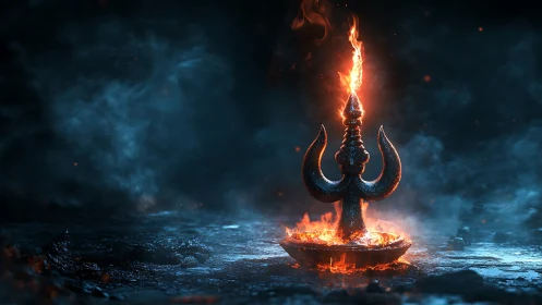 Sacred trident of fire glowing in a storm of blue mist.