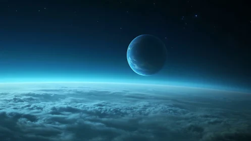 Silent blue planet drifting above a cloudlit cosmic sea.