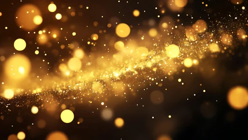 Abstract golden glitter bokeh lights swirl on dark background.