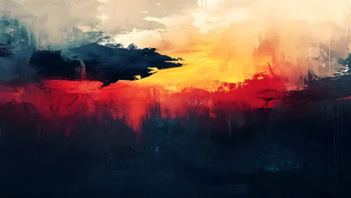 Abstract fiery sunset landscape with bold brush strokes and rich colors.