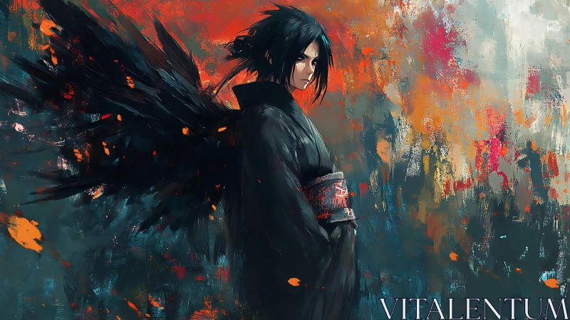Dark-winged anime figure stands amid turbulent abstract brushwork