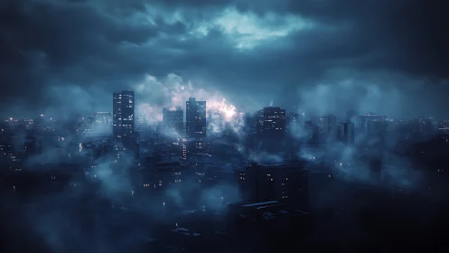 Nocturnal high rise skyline in stormlit industrial fog belt