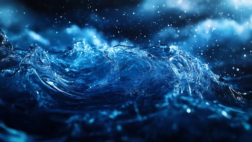 Photorealistic macro wave crest with cinematic blue lighting.