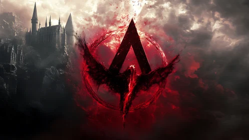 Dark fantasy emblem over fortress skyline in digital painting.