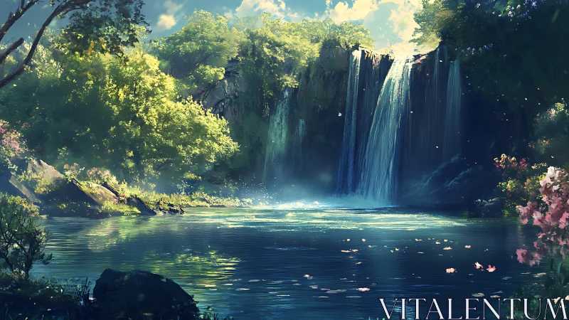 Lush forest waterfall bathes tranquil lagoon in sunlight.