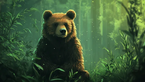 Brown bear sits in dense green forest with soft lighting