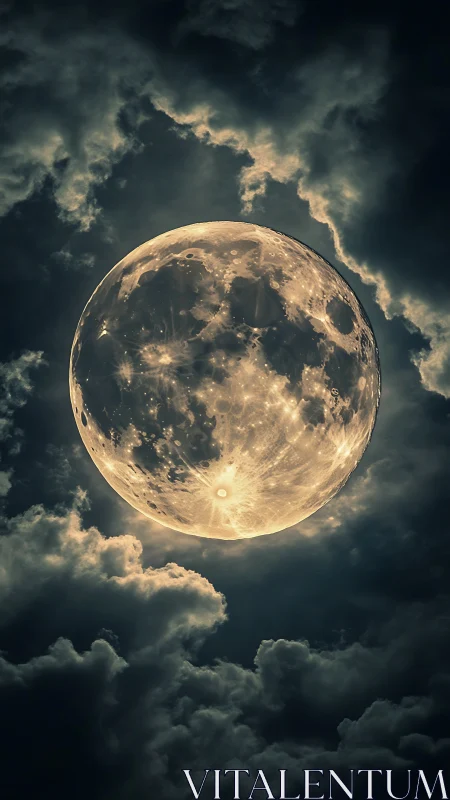 Luminous full moon glows through storm-dark swirling clouds
