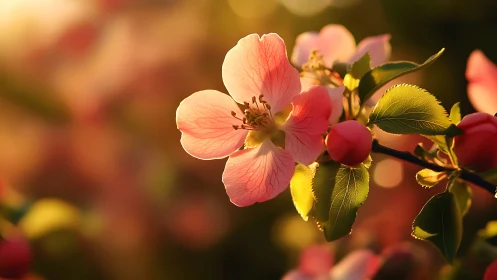 Pink apple blossoms illuminated by golden hour sunlight.