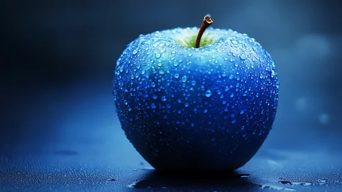 Macro view of dew-coated blue apple under cool directional lighting