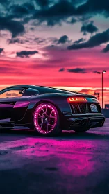 Sleek sports car glowing under a neon sunset sky.