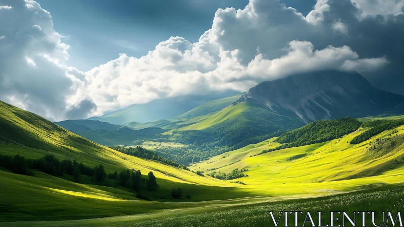 Sunlit green valley beneath dramatic storm clouds.