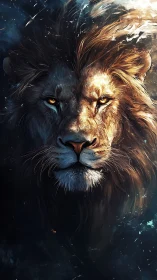 Majestic lion&rsquo;s burning gaze cuts through swirling cosmic night