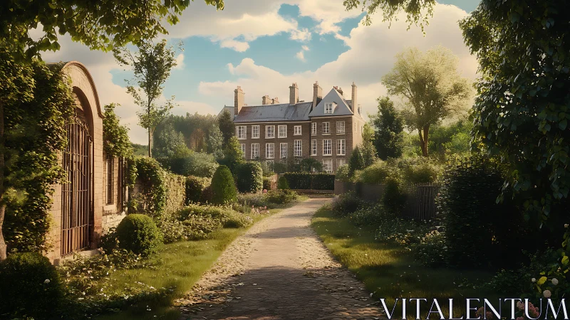 Sunlit manor path winding through lush English garden calm.