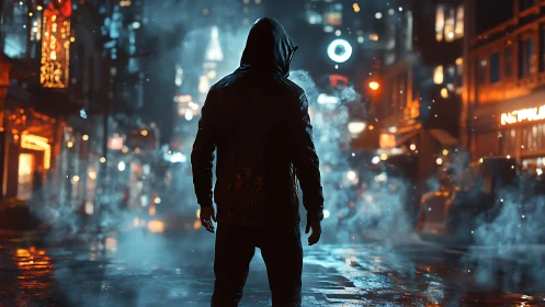 Hooded loner stalks neon city street through rising steam.