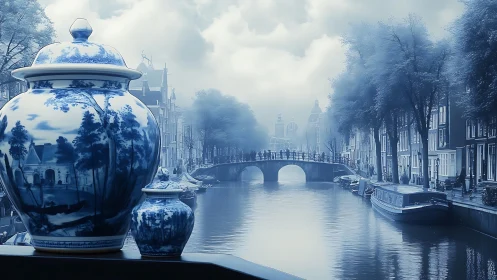 Infrared canal cityscape with Delftware foreground vases.